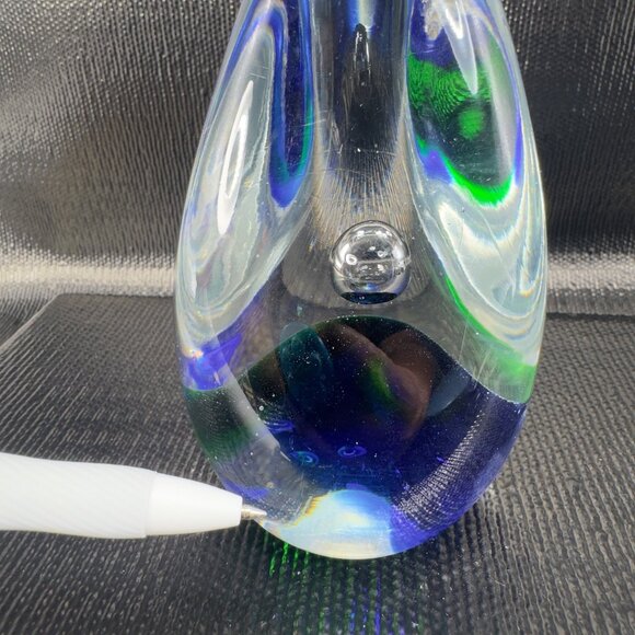 Vintage 1980s Oval Glass Paperweight With Large Bubbles Blue Green Glass Decor - Picture 5 of 11